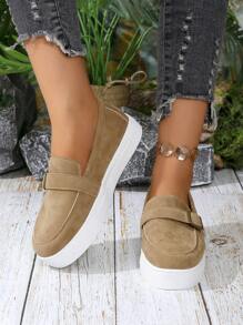 女士低帮乐福鞋，柔软天鹅绒材质，圆头，一脚蹬设计，舒适，防滑，超宽和大尺寸，时尚，百搭，经典日常休闲鞋 - 卡其色 - 查看 3