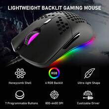 Wired Gaming Mouse, 69G Honeycomb Lightweight Mouse With 6400 DPI 6 Buttons Programmable USB Gaming Mouse For PC Gamers PS4 Users - Black - View 2