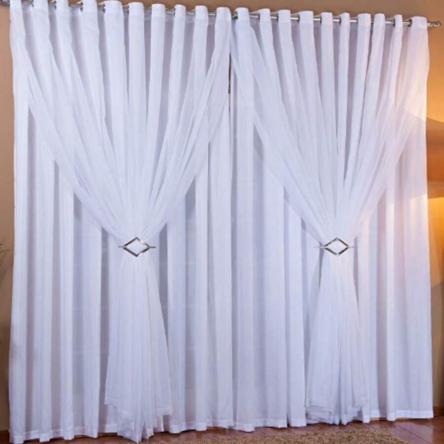 Microfiber Curtain With Voile + Buckle 6.00x2.50m Straw Or White, Curtain With Buckle Set - 白色 - 查看 1