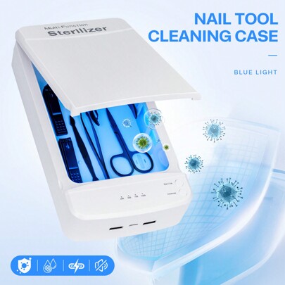TOEDO Esterilizador de herramientas para uñas con luz azul, caja esterilizadora portátil USB para salón de manicura, pinzas, tatuaje, tijeras, joyería, teléfono, reloj, llaves