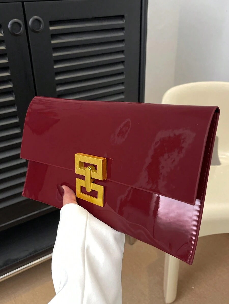 1 pièce Sac embrayage minimaliste de couleur unie avec motif de pierre, sac bordeaux tendance, parfait pour une soirée, un mariage, un bal. Assortir avec une robe de fête, de soirée ou une robe à paillettes - Rouge foncé - Voir 1