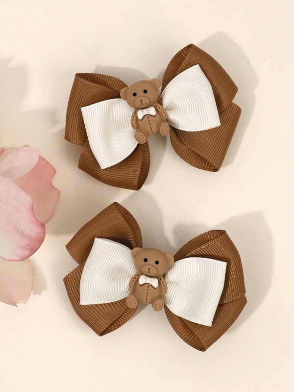 2 peças laços de cabelo bege marrom para meninas laços de urso fofos clipes de jacaré fita de gorgorão simples grampos de cabelo com decoração de urso laços de rabo de cavalo para crianças pequenas meninas grampos acessórios de cabelo para crianças