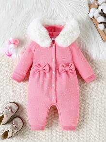 女婴连帽长袖蝴蝶结装饰前开襟连体衣 - 彩色 - 查看 3