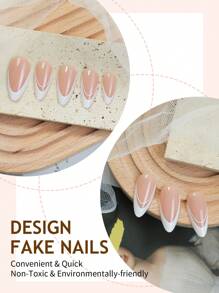 24pcs Medium Almond White French Press-On Nails Set Minimalist Style False Nails With Line Art Designs Glossy Full Cover Fake Nails For Women Girls