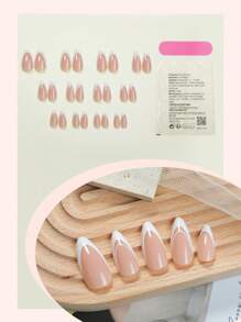 24pcs Medium Almond White French Press-On Nails Set Minimalist Style False Nails With Line Art Designs Glossy Full Cover Fake Nails For Women Girls