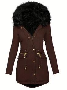 Women's Long Sleeve Fleece Hooded Cardigan, Button-Up Long Casual Jacket With Pockets, Warm Lining For Autumn/Winter - Coffee Brown - View 1