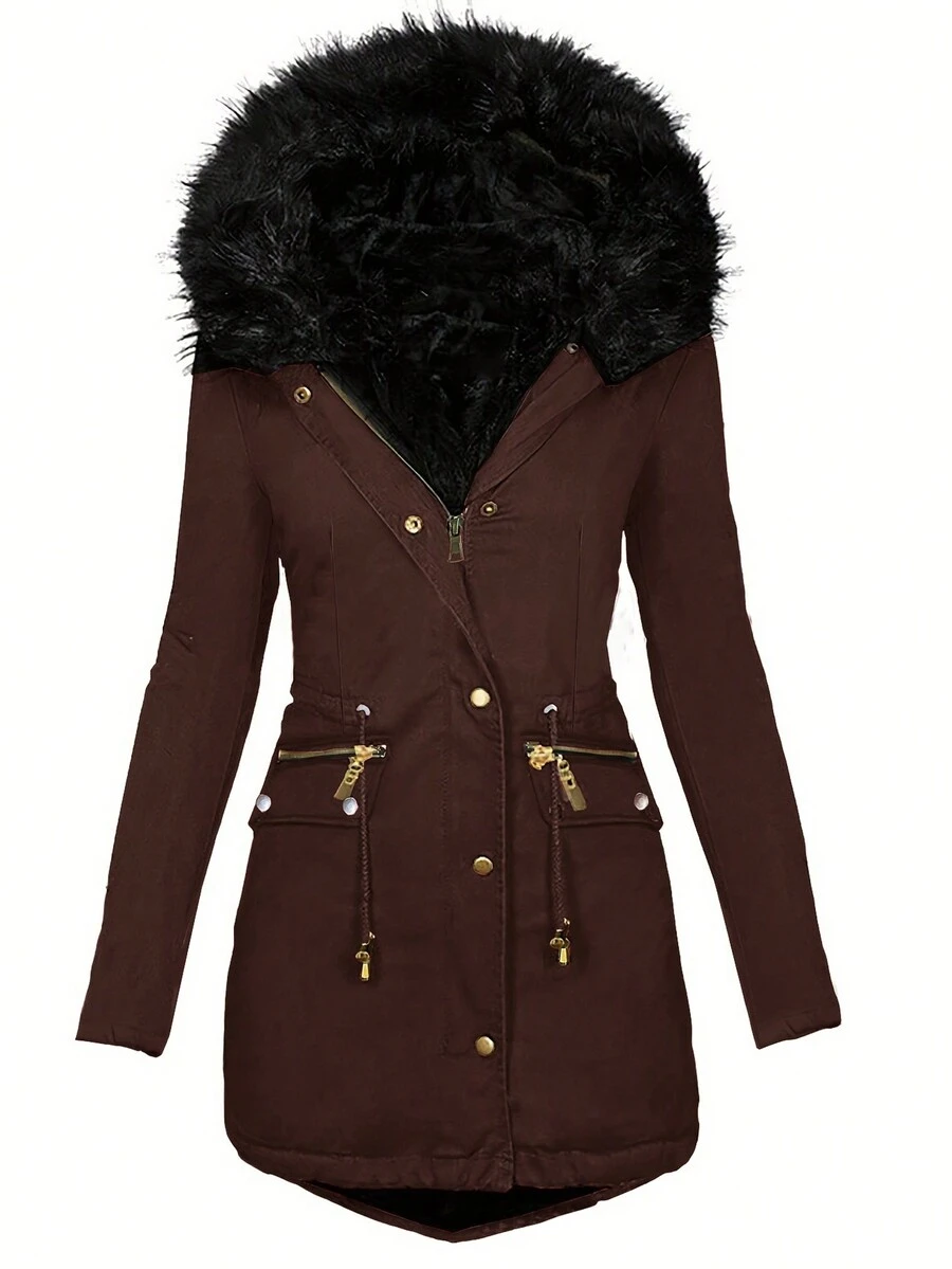 Women's Long Sleeve Fleece Hooded Cardigan, Button-Up Long Casual Jacket With Pockets, Warm Lining For Autumn/Winter - Coffee Brown - View 1
