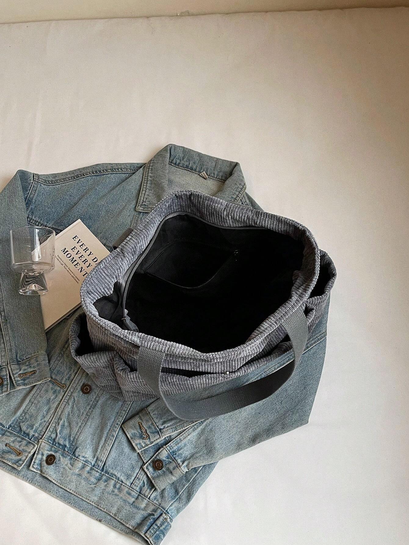 Women MultiPocket Corduroy Tote Bag, Simple Big Capacity Shoulder