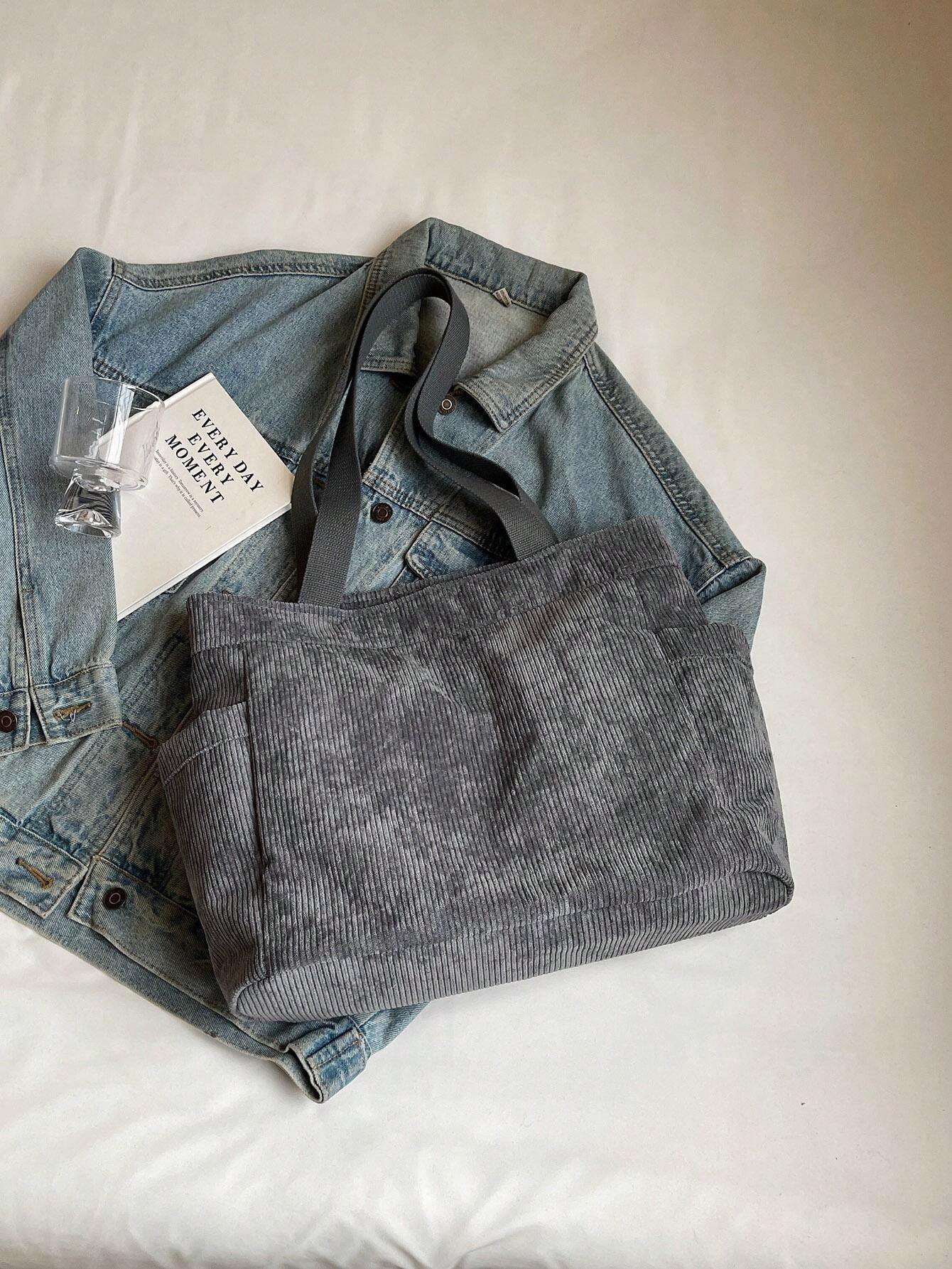 Women MultiPocket Corduroy Tote Bag, Simple Big Capacity Shoulder