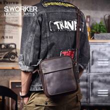 男士复古皮革邮差包 - 适合工作和旅行的休闲斜挎包 - 疯马皮革单肩包，采用真皮材质 - 咖啡棕 - 查看 2