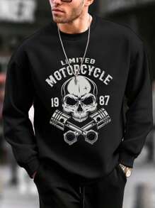 男士休闲趣味骷髅字母印花长袖套头衫 秋季 - 黑色 - 查看 1