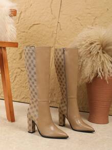 Plus Size Damskie Modne Buty Za Kolano Wysokie Obcasy Wsuwane Buty Casualowe Gruby Obcas Długie Buty Cholewka Patchwork Retro Styl Na Jesień Zimę