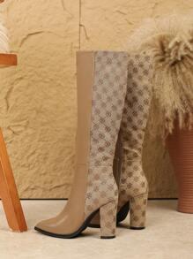 Plus Size Damskie Modne Buty Za Kolano Wysokie Obcasy Wsuwane Buty Casualowe Gruby Obcas Długie Buty Cholewka Patchwork Retro Styl Na Jesień Zimę