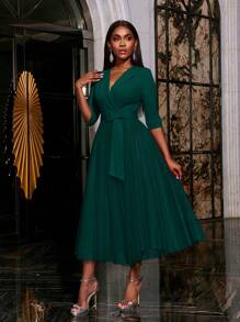 Faeriesty Elegant Surplice Neck Belted Cocktail Dress Midi Dress Party Dress Wedding Guest Dress Formal Dress Evening Dress,Gown - Dark Green - View 7