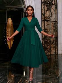 Faeriesty Elegant Surplice Neck Belted Cocktail Dress Midi Dress Party Dress Wedding Guest Dress Formal Dress Evening Dress,Gown - Dark Green - View 5