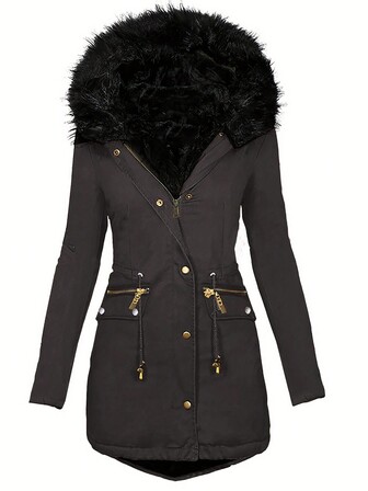 Women Casual Thermal Lined Zip-Up Hooded Jacket With Fur Collar, Autumn/Winter