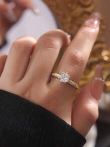 1pc Minimalist Copper Cubic Zirconia Ring, Bride Wedding & Daily Fashion Jewelry For Women - Yellow Gold - View 4