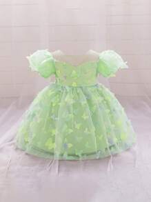 Colorful 3D Butterfly Tutu Dress For Baby Girls, Cute & Flower Girl Dress For Outdoor Party, Fabric Pattern Randomly Cut, Headband Not Included - Green - View 1