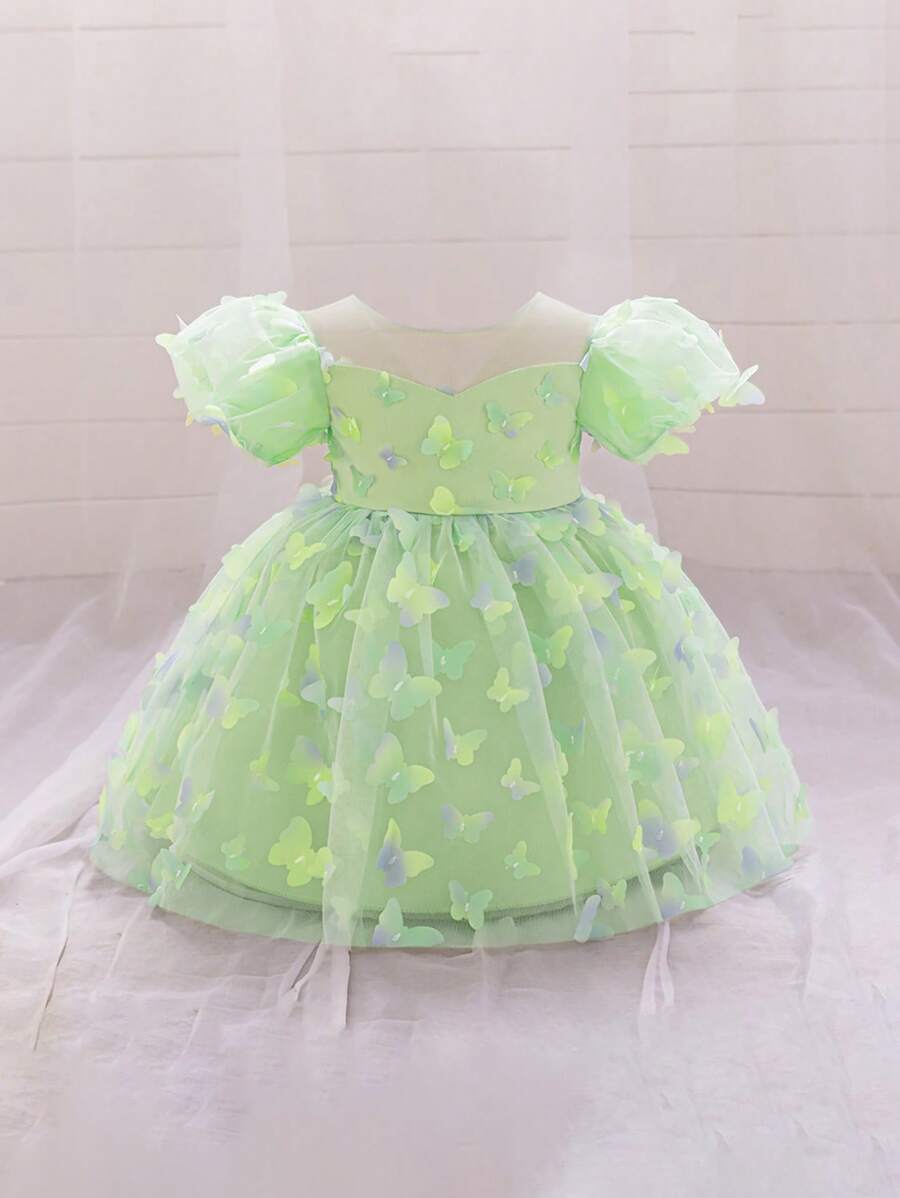 Colorful 3D Butterfly Tutu Dress For Baby Girls, Cute & Flower Girl Dress For Outdoor Party, Fabric Pattern Randomly Cut, Headband Not Included - Green - View 1