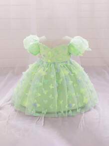 Colorful 3D Butterfly Tutu Dress For Baby Girls, Cute & Flower Girl Dress For Outdoor Party, Fabric Pattern Randomly Cut, Headband Not Included - Green - View 3