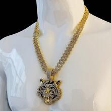 Mode 14mm breite, massive Gliederkette Halskette, kühnes Tier-Thema Schmuckstück, kombiniert mit goldenem Tigerkopf Anhänger mit 18K Weiß-/Gelbgold-Beschichtung, besetzt mit simulierten Strass-Steinen, erhältlich in 50/60/70cm