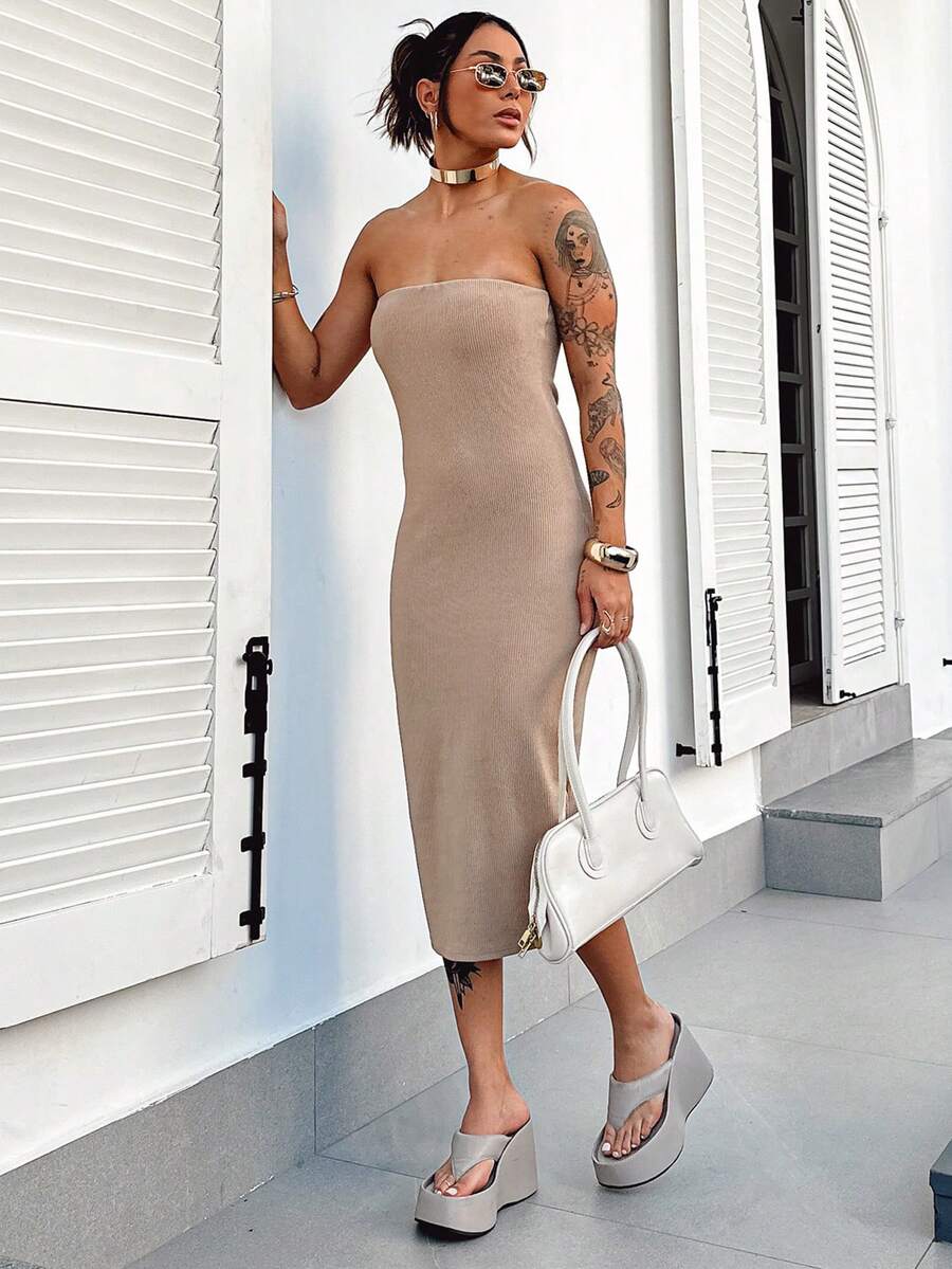 Gringa Strapless Midi Ribbed Tube Dress - Màu Khaki - Xem 1