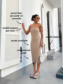 Gringa Strapless Midi Ribbed Tube Dress - Màu Khaki - Xem 4