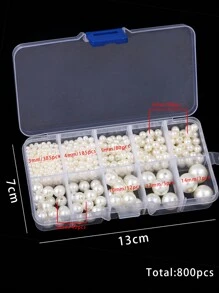 800 Stücke/Box 3-14mm ABS Perlenimitation rund mit Löchern Set in Box, mit Aufbewahrungsbox rein weiß beige lose Perlen, verwendet für Schmuckherstellung von Armbändern, Knöchelbändern, Halsketten - Geschenk für Freundin & Mutter