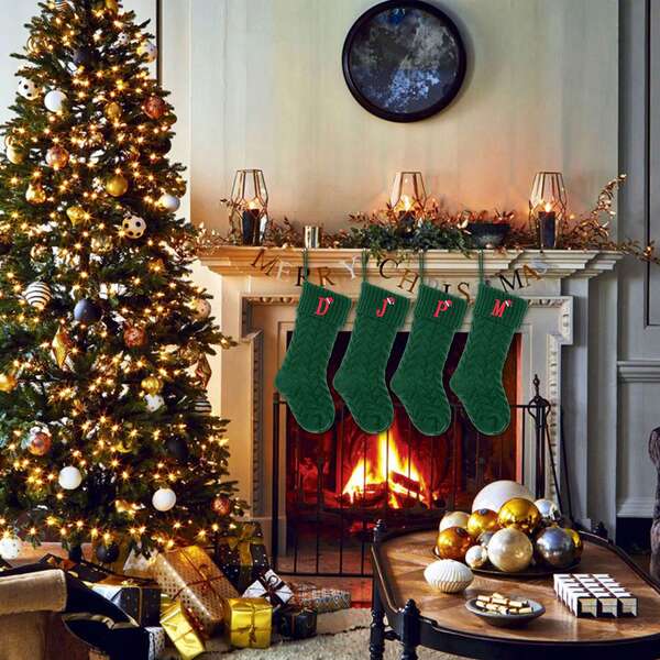 1 Stück Weihnachtsstrümpfe mit Stickerei-Initialen, 45 cm gestrickte Weihnachtsstrümpfe mit Buchstaben zum Aufhängen am Kamin, Monogramm Weihnachtsstrümpfe, Familien-Feiertags-Party Dekoration (Grün), beste Geschenke, Geburtstag, Heim-Dekoration, Weihnachtsdekorationen, Raumdekoration, Winter