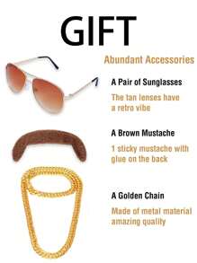 4 pièces Set Perruque disco des années 70 80 avec moustache, lunettes et chaîne. Perruque courte brune bouclée avec frange pour hommes, style mullet pour chanteur des années 60, rocker, hippie. Costume, cosplay, fête. Perruque brune courte et ébouriffée avec 1 collier doré, 1 barbe brune, 1 paire de lunettes pour homme. Perruque afro synthétique résistante à la chaleur avec frange, cadeau pour les fêtes, Thanksgiving, anniversaire, décorations de Noël - Tabac - Voir 6