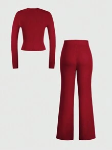 2pcs Women's Solid Color Slim Fit Long Sleeve T-Shirt And Pants Set - Màu Đỏ Sâu - Xem 9