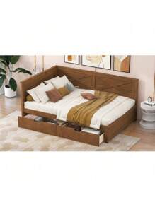 Twin Size Wood Daybed With 2 Drawers And Rustic Guardrail, Ancient Brown(Expected Arrival Time: 8.28),Youngth