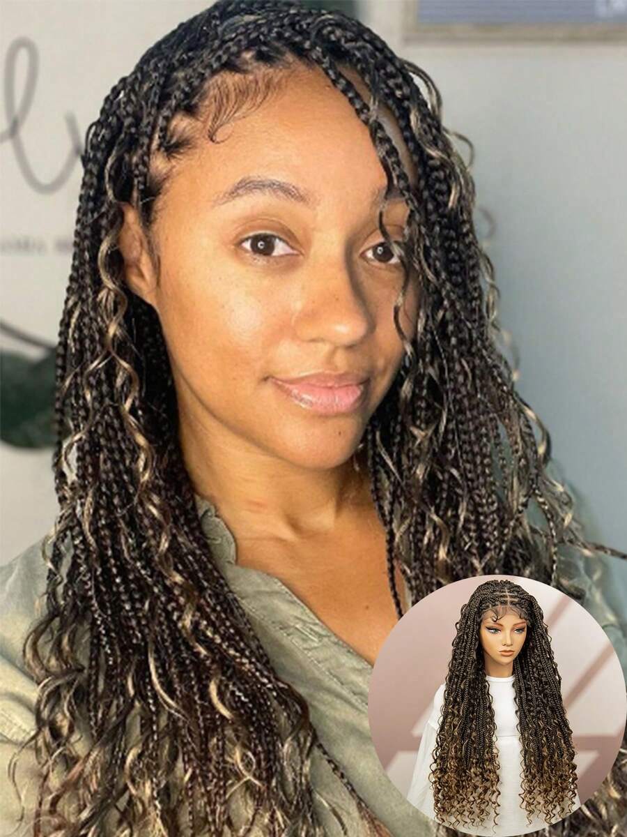 A ANYTIME 9*6 Lace Lace Forehead Lace Synthetic Fiber Braid Headband Hand-Woven Straight Corn Braid Deep Curly Mixed Braid Fashionable Women's Braid Headband Multi-Color Optional Suitable For Daily Wear - Light Brown - View 1