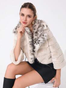 Women's Short Fluffy Leopard Print Jacket - Beige - View 1