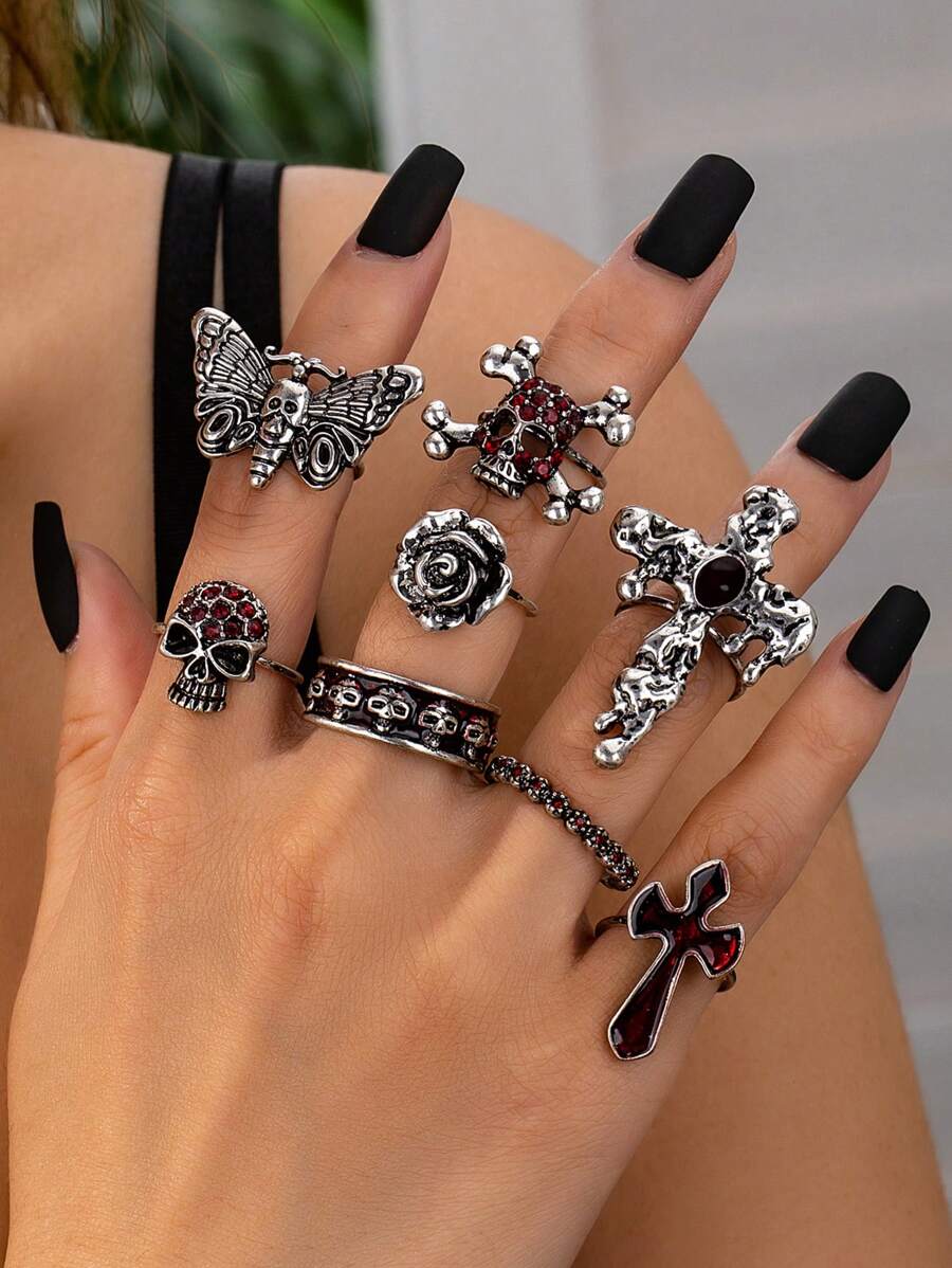 8pcs Gothic Vampire Rings Jewelry Set, Bloody Cross & Skull Rings (For Women) - Multicolor - View 1