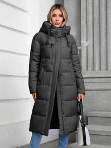 GASMAN 1pc Solid Color Hooded Casual Padded Coat, Winter - Black - View 3