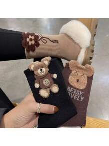 3 双/1 双羽毛薄纱熊设计女士中筒袜，可爱蓬松时尚百搭长袜，秋冬 - 彩色 - 查看 3