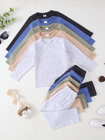 10pcs Set Young Boy Solid Color Casual Soft Comfortable Lightweight Knit Fabric Long Sleeve T-Shirt And Pants Suit, Fall/Winter