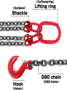 BriSunshine G80 Kettengehänge Schwerlast Manganstahl Anschlagkette 4 Strang Krankette zum Heben,mit 6.4T Tragfähigkeit (8mmx1.45m)
