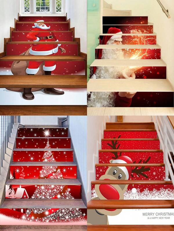 1 Set Of 6 Christmas Decorative Staircase Stickers, Self-Adhesive Stickers With Santa Claus Reindeer Christmas Tree Pattern, Waterproof And Removable PVC Decorative Floor Stickers
