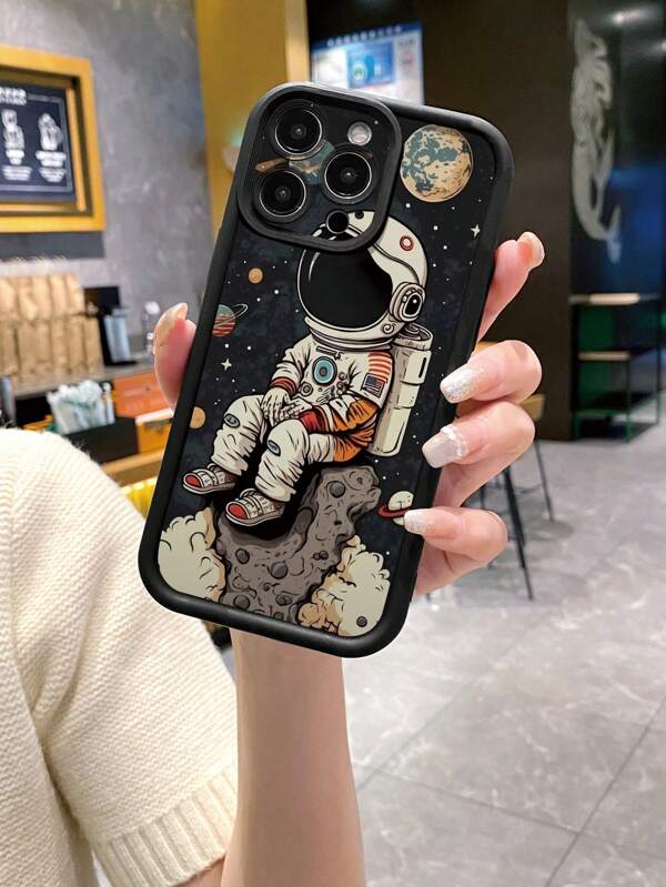 1 pieza Funda de teléfono negra con diseño retro de astronauta, resistente a arañazos y caídas, con corindón, compatible con Apple///Redmi/Infinix/Vivo