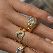 VKHK 1pc Vintage 18K Gold Plated Stainless Steel Zirconia Decor Single Ring, Unisex Everyday Wear Gift