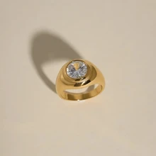 VKHK 1pc Vintage 18K Gold Plated Stainless Steel Zirconia Decor Single Ring, Unisex Everyday Wear Gift