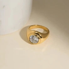 VKHK 1pc Vintage 18K Gold Plated Stainless Steel Zirconia Decor Single Ring, Unisex Everyday Wear Gift