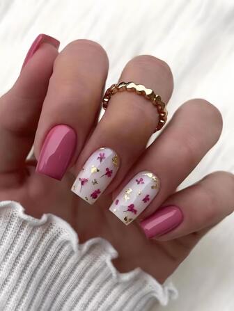 24pcs Fall Winter Short Square Shape Press On Nails Kit Hot Pink Elegant Hot Pink Flowers And Shiny Gold Foil,Fit Perfectly Fake Nails Kit Full Cover False Nails,Includes 1sheet Adhesive Tabs & 1pc Mini File,For Daily Dating Office Home Party Women Jewelry Accessories False Nail Tips 1 File Strip Jelly Gel