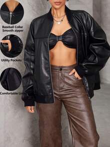 TSUTAYA Oversized Drop Shoulder Zip Up PU Leather Bomber Jacket - Black - View 1