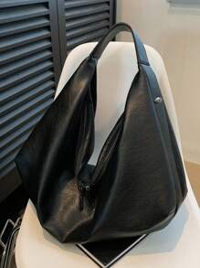 Fashionable Minimalist Soft Leather Shoulder Bag, Large Capacity, Can Be Used As Handbag Or Crossbody Bag, Solid Color Design, Suitable For Daily Use. Vintage Style Large Capacity Shoulder Bag, PU Material Handbag, Women's Casual Shoulder Bag/Underarm Bag, Suitable For Shopping, Commuting, Work And School, Suitable For College Students, White-Collar And Young Professionals. - Black - View 4