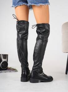 Women Over The Knee Boots Autumn Winter New Round Toe Low Heel Long Boots Chain Decor Riding Boots Sexy Leather Over The Knee Boots Black Plus Size
