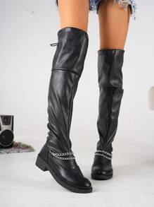 Women Over The Knee Boots Autumn Winter New Round Toe Low Heel Long Boots Chain Decor Riding Boots Sexy Leather Over The Knee Boots Black Plus Size