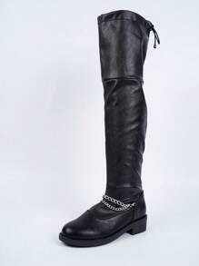 Women Over The Knee Boots Autumn Winter New Round Toe Low Heel Long Boots Chain Decor Riding Boots Sexy Leather Over The Knee Boots Black Plus Size